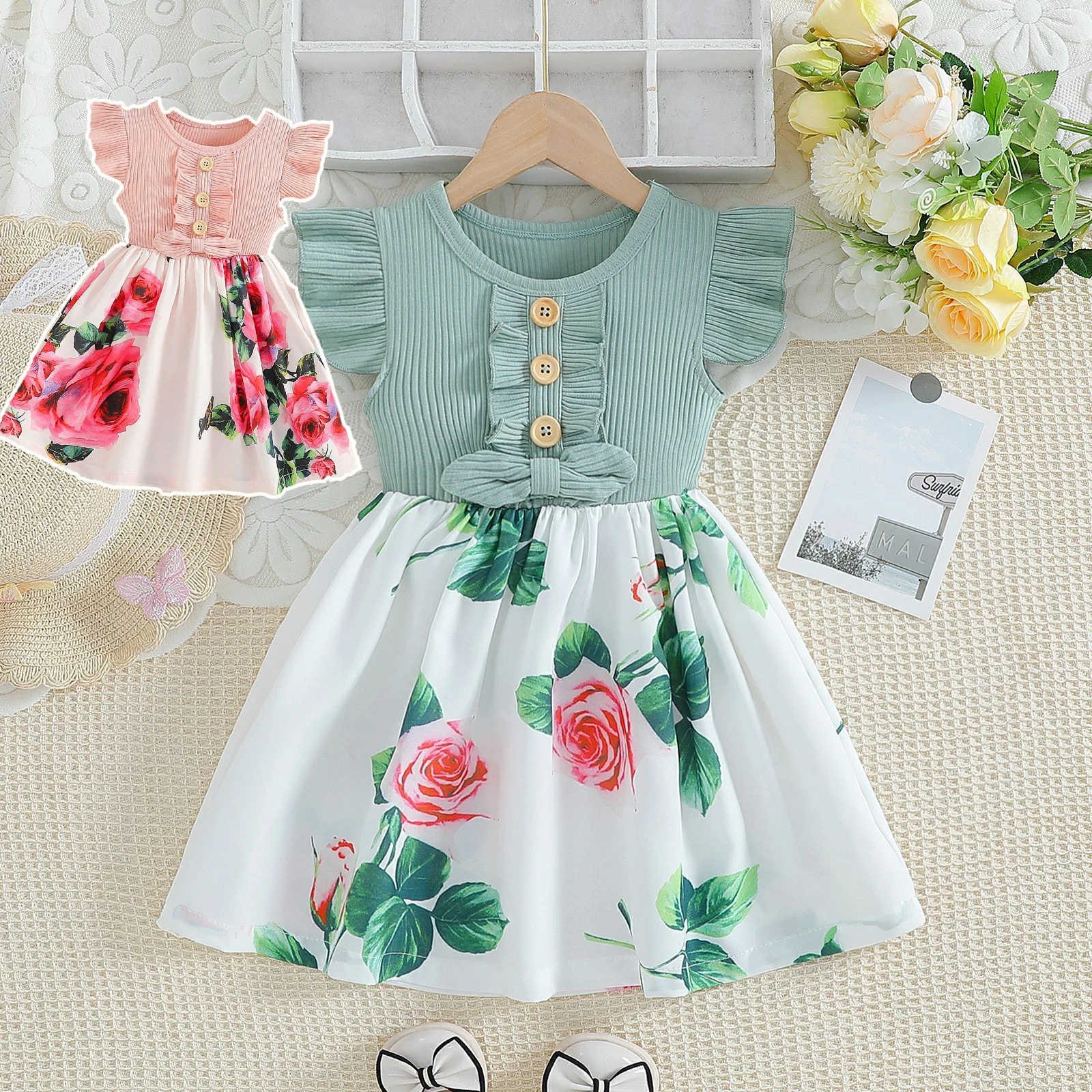 

2025 New Flowe Baby Girls Dress Tutu Summer Princess Dress Kids Clothes Birthday Party Flying Sleeves for Children Fashion 1-8Y