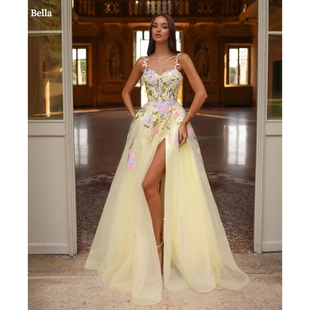 

Bella Customized Yellow Spaghetti Strap Flowers Embroidery robes de soirée Side Slit Party Dresses Floor-Length Prom Dress 2025