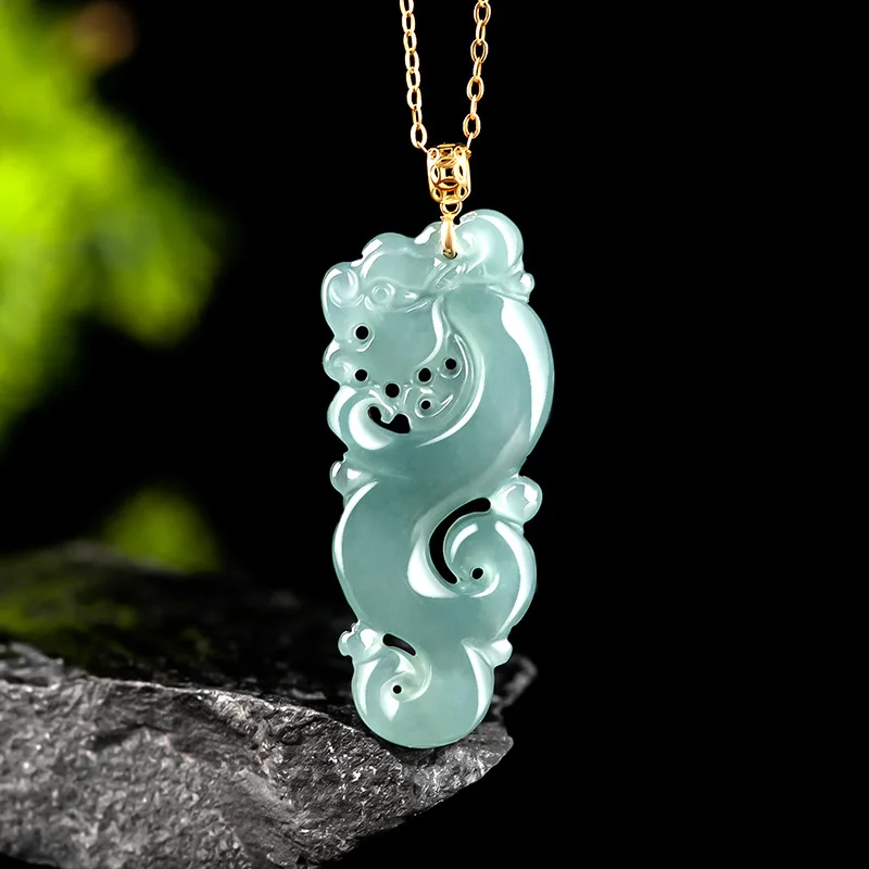 

Natural A-grade Jade Blue Water Imitation Ancient Pendant Zodiac Dragon 18K Gold Buckle Ice Jadeite Charms For Men's Women's