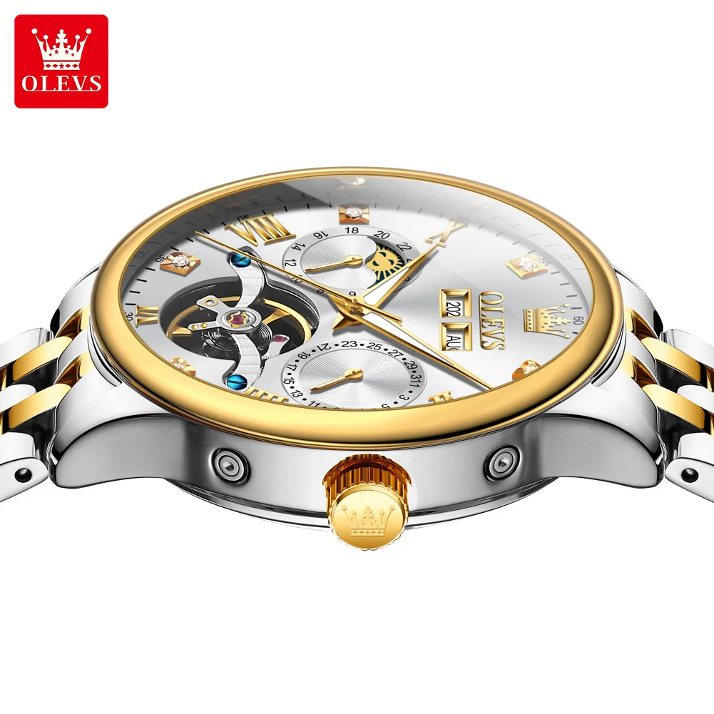 OLEVS 7023 Skelett-automatische mechanische Uhr für Herren, multifunktionaler Mondphasenkalender, wasserdicht, ausgehöhlt, luxuriöse Herrenuhr