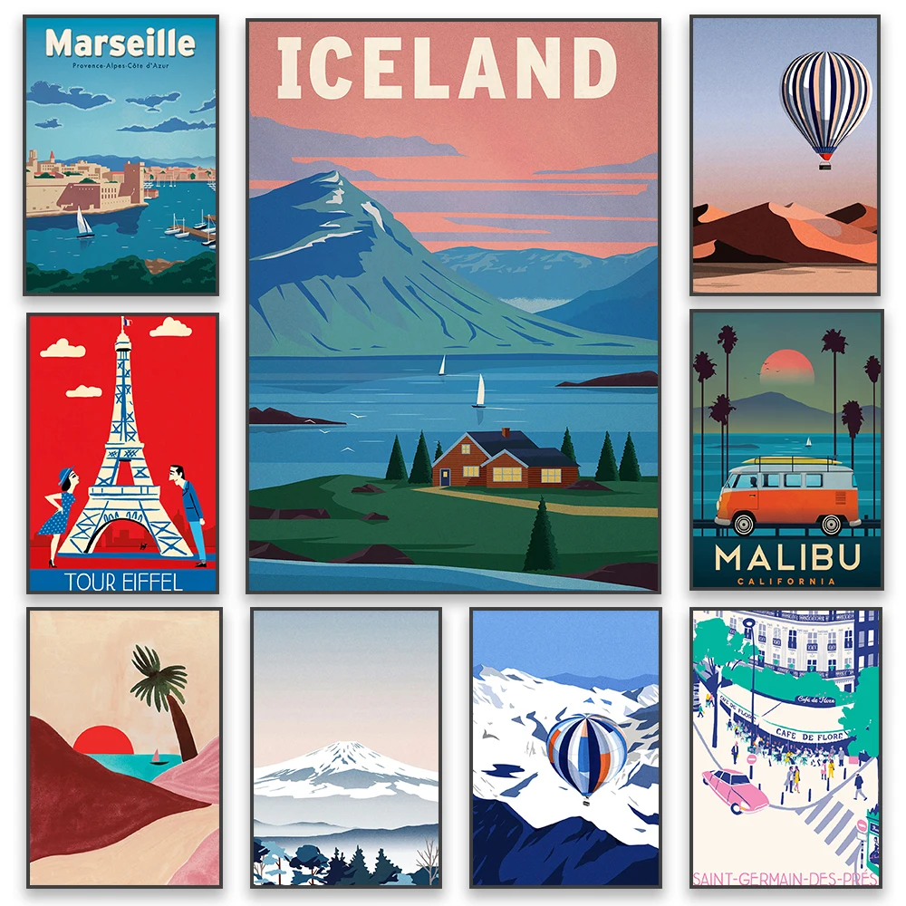 Vintage City Travel Poster Marseille Cartoon Landscape Canvas Painting Iceland Malibu Wall Art Modern Print Bedroom Decor