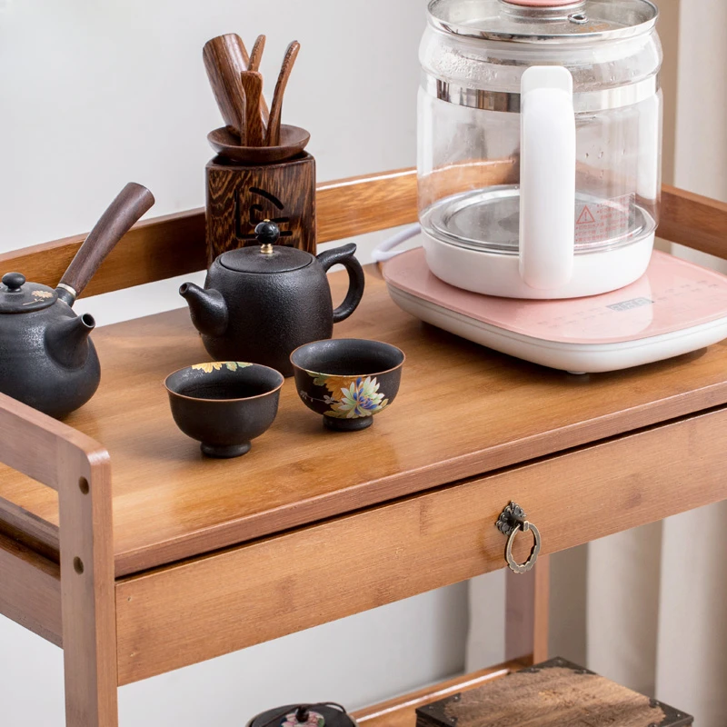 Tier Bamboo Shelf Serving Table with Wheels Drawer Kitchen Storage Cart Bar Cart  Chinese Wine Tea  Island Trolley