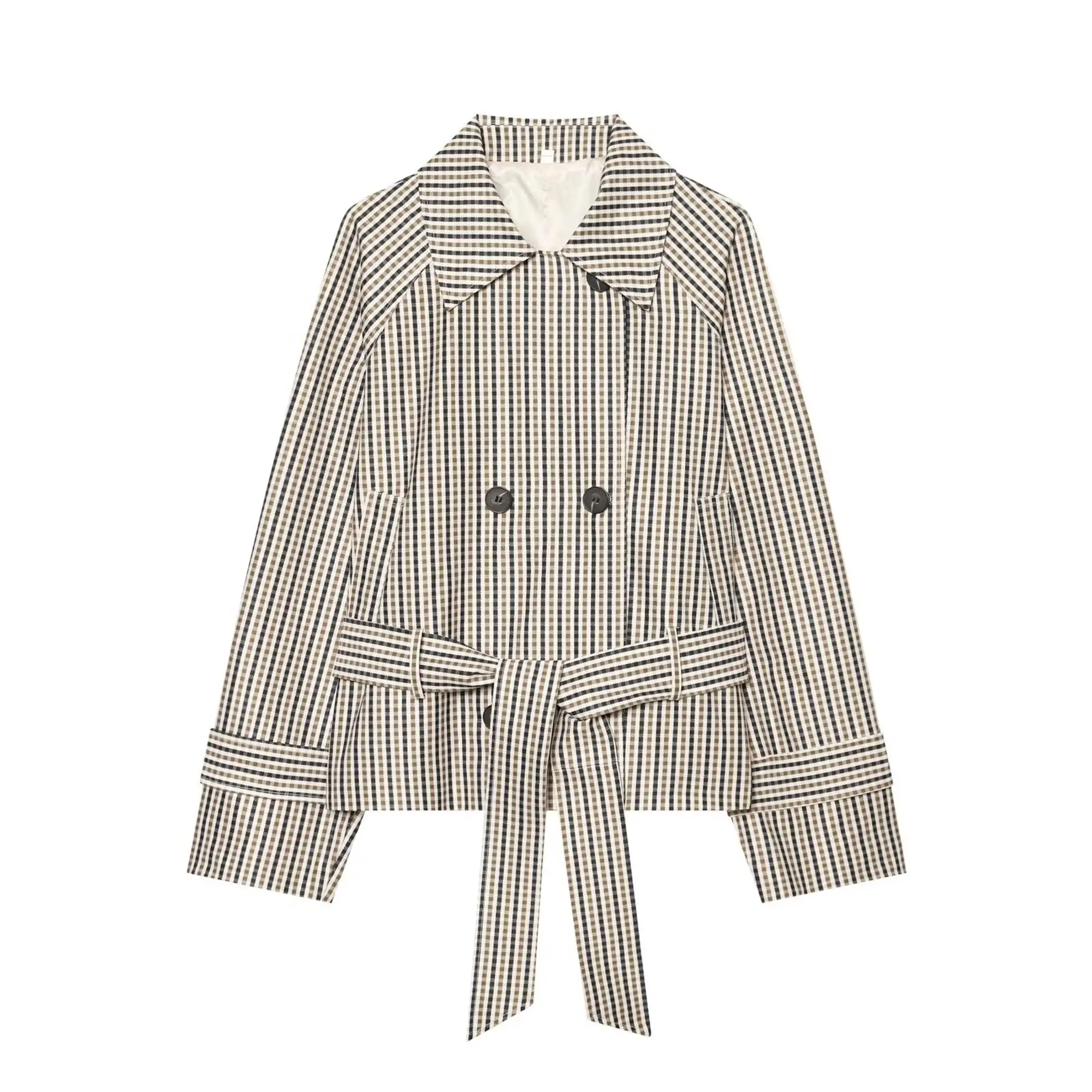 TFMLN Damen-Trenchcoat, kurz geschnitten, schick, mit Revers, doppelreihig, mit Gürtel, lange Ärmel, klassischer Karomuster-Windbreaker. – Detail 2