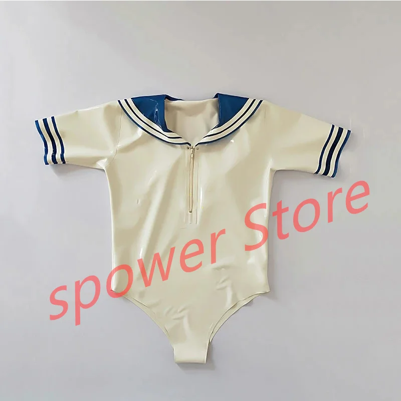 

Latex Swimsuit Handmade White with Blue Women Rubber Sexy Fetish Jumpsuit Customize Halloween Cosplay Costume