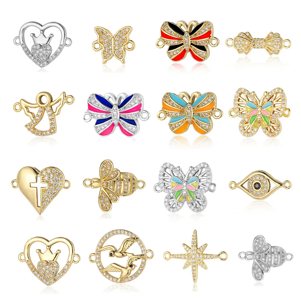 3pcs/Lot Crown Heart Bowknot Brass CZ Connector Charm Butterflry Corss Angel Bee Eye Star Bracelet Making DIY Jewelry