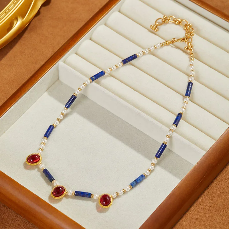 New Guofeng Chinese Guofeng Jewelry Natural Lazuli Necklace Beaded Simple Clavicle Chain Advanced Versatile Medieval