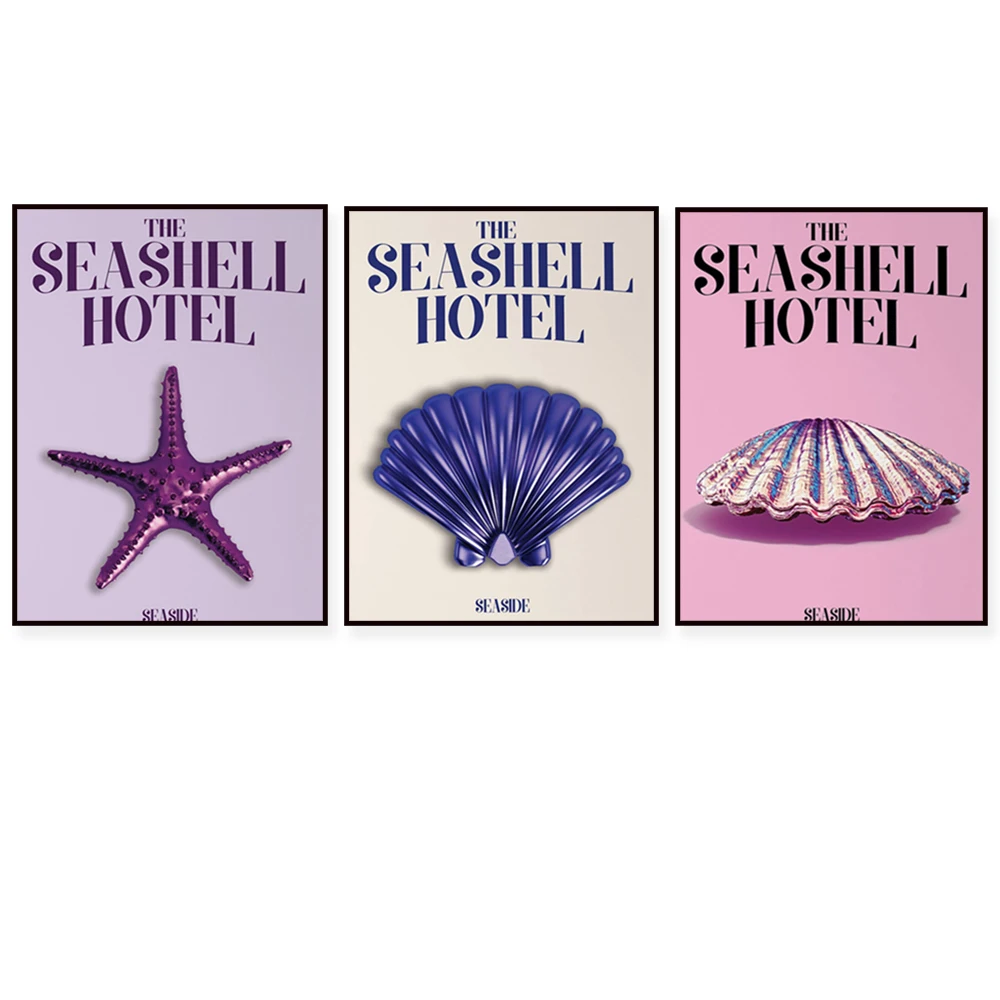 

Seashell hotel poster, coral pink seashells, navy blue seashells, 80s 90s Danish pastel seashells poster, abstract museum print