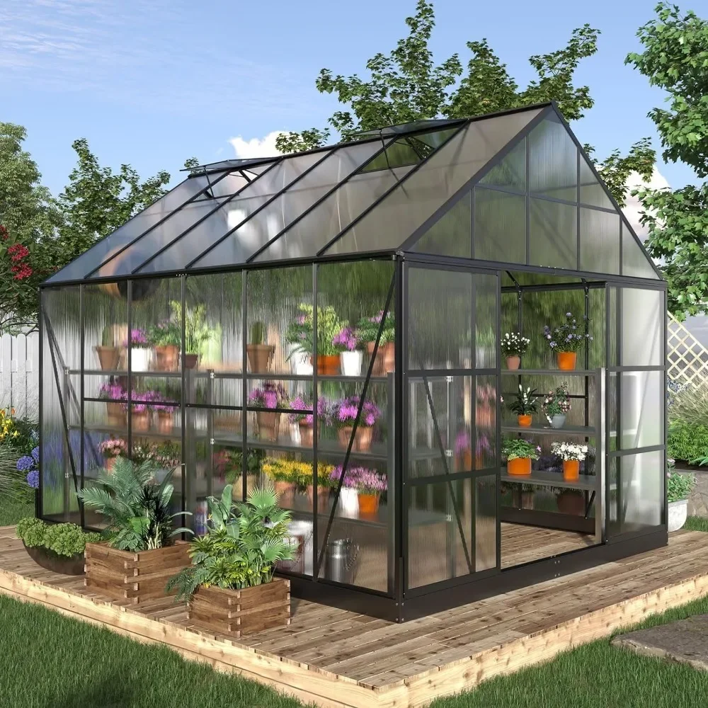 

12x10x10x10 Feet Polycarbonate Greenhouse, 2 Sliding Doors, 4 Ventilation Windows, Aluminum Walk-in Large Greenhouse