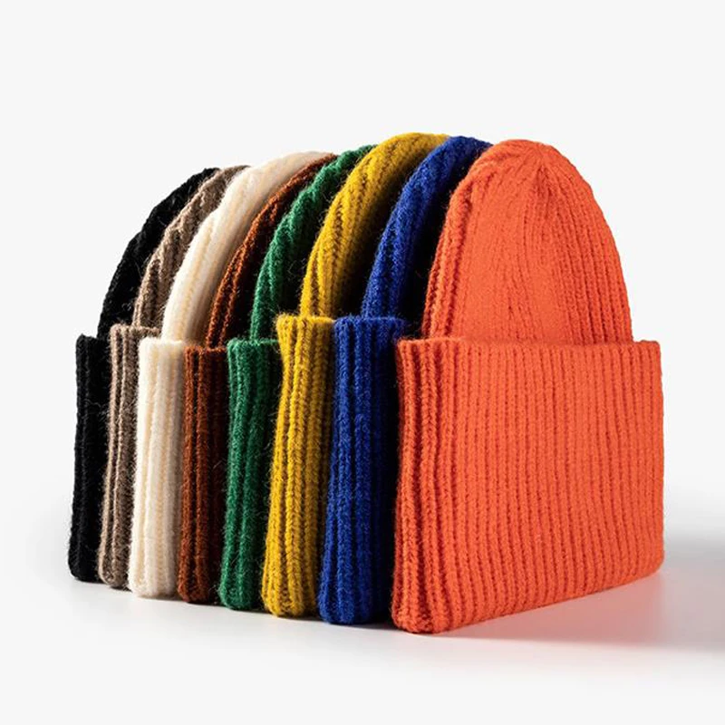 Autumn Winter Outdoor Casual Knitted Hats For Women Warm Plus Thicken Wool Beanies Hat Female Fashion Solid Skullies Beanies