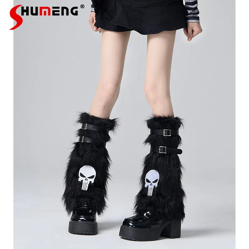 

Y2k Foot Warmer For Women's Dark Skull Sexy Subculture Belt Leg Sleeves Autumn Winter Fur Black Slimming Furry Socks Leg Warmers