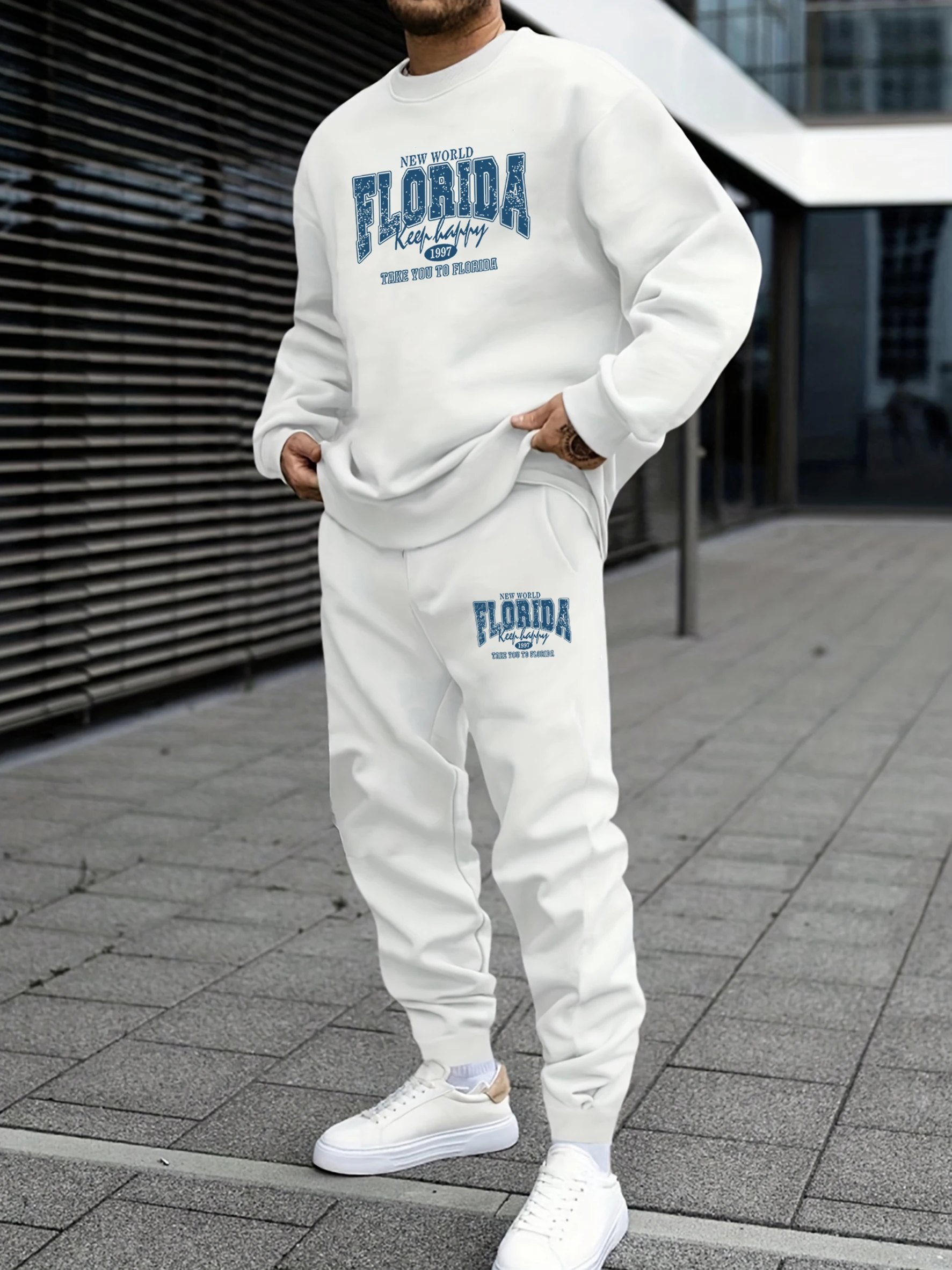 

Florida Print Men's Hoodie Set Fashionable Warm Round Neck Leisure Loose Joggers Autumn Fleece Men's Set