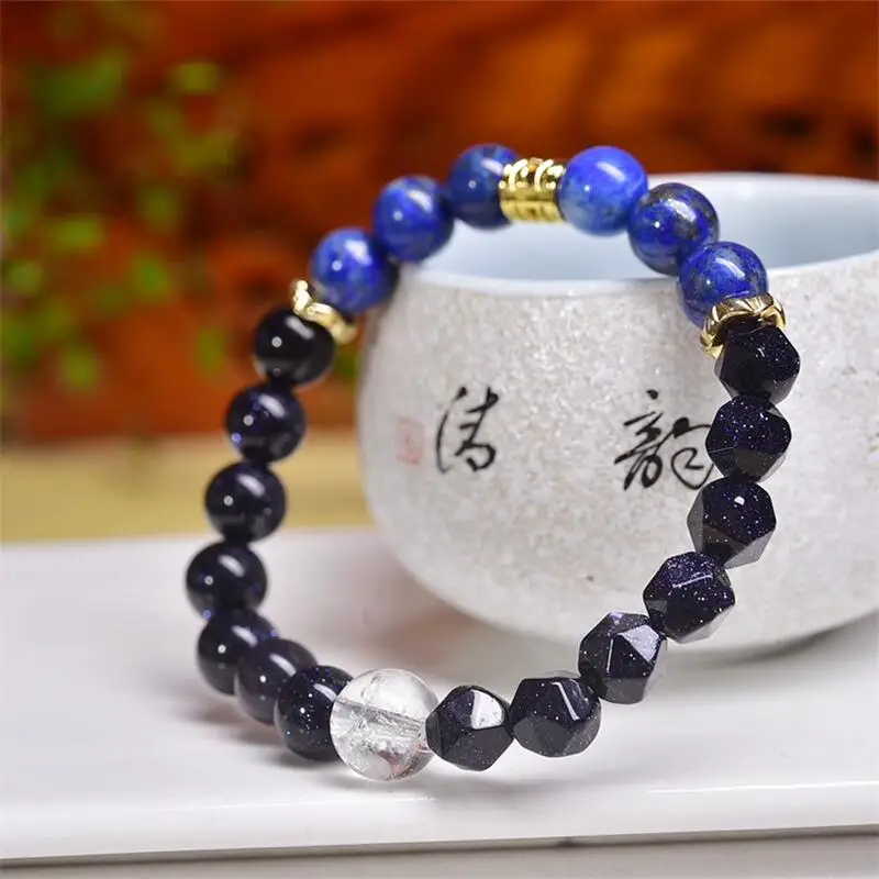 

8MM Natural Blue Goldsand Stone Lapis Lazuli Facet Bead Bracelet Women Elegant Charm Yoga Strand Bangles Female Jewelry Gift
