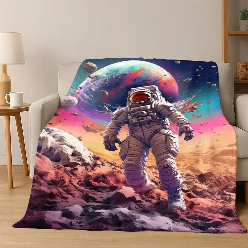 Cartoon Astronaut Universe Spaceman Outer Space Flannel Blanket Soft Warm Throw Blanket for Bedroom Living Room Bed Travel kids