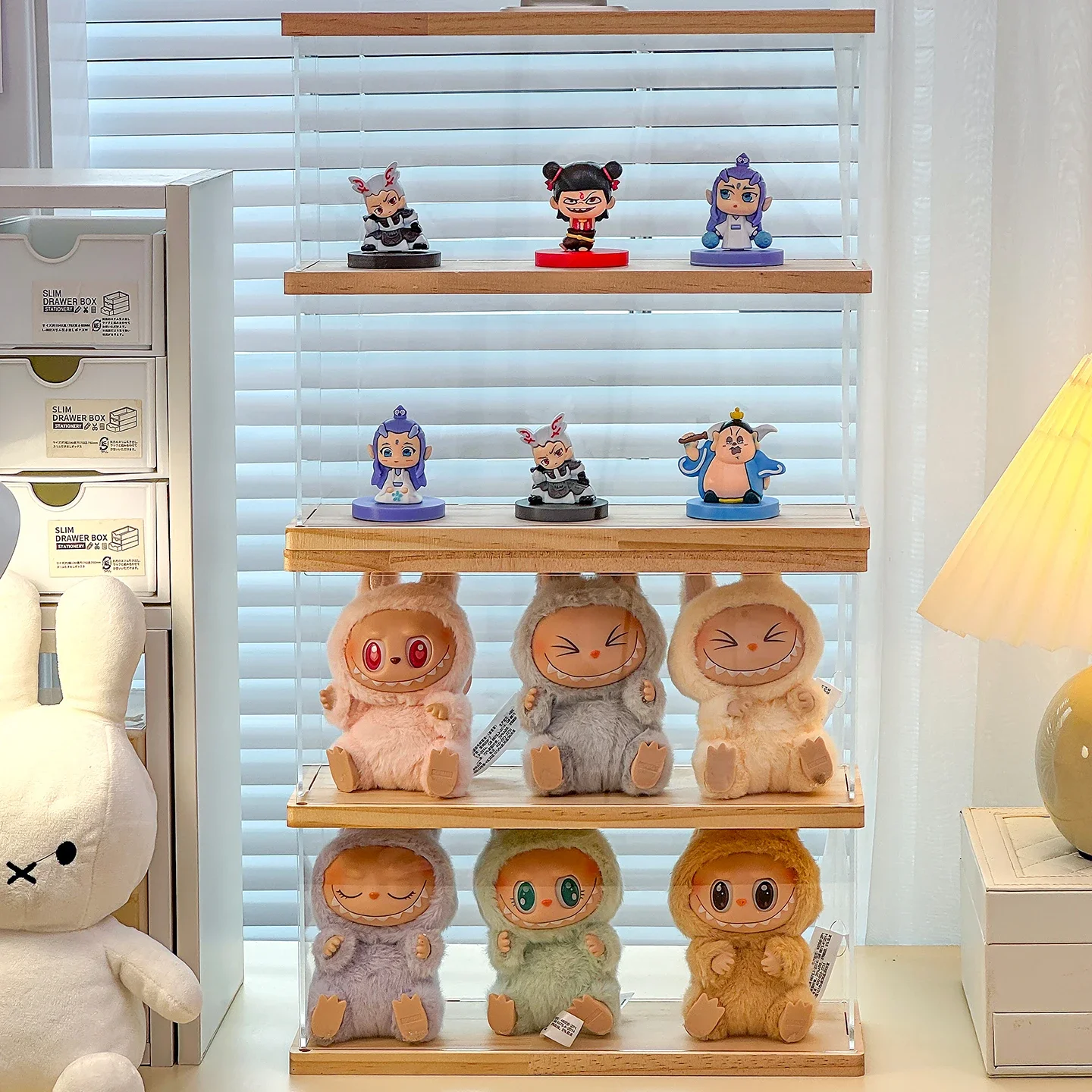 2 Layers Display Cabinet for Labubu Dolls Dustproof Blind Box Organizer Transparent Collectible Storage Box for Action Figures