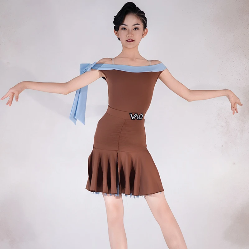 Costume de danse latine café pour filles, vêtements de Performance d'été pour enfants, Cha Cha Rumba, vêtements de scène, jupe à volants, ensemble XH2551, nouvelle collection 2025