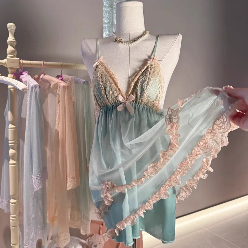 2026 Dream Nightdress See Through Lace Nightdress with Chest Pad Sexy Lingerie Women's Dressing Gowns Pajamas Ladies Loungewear