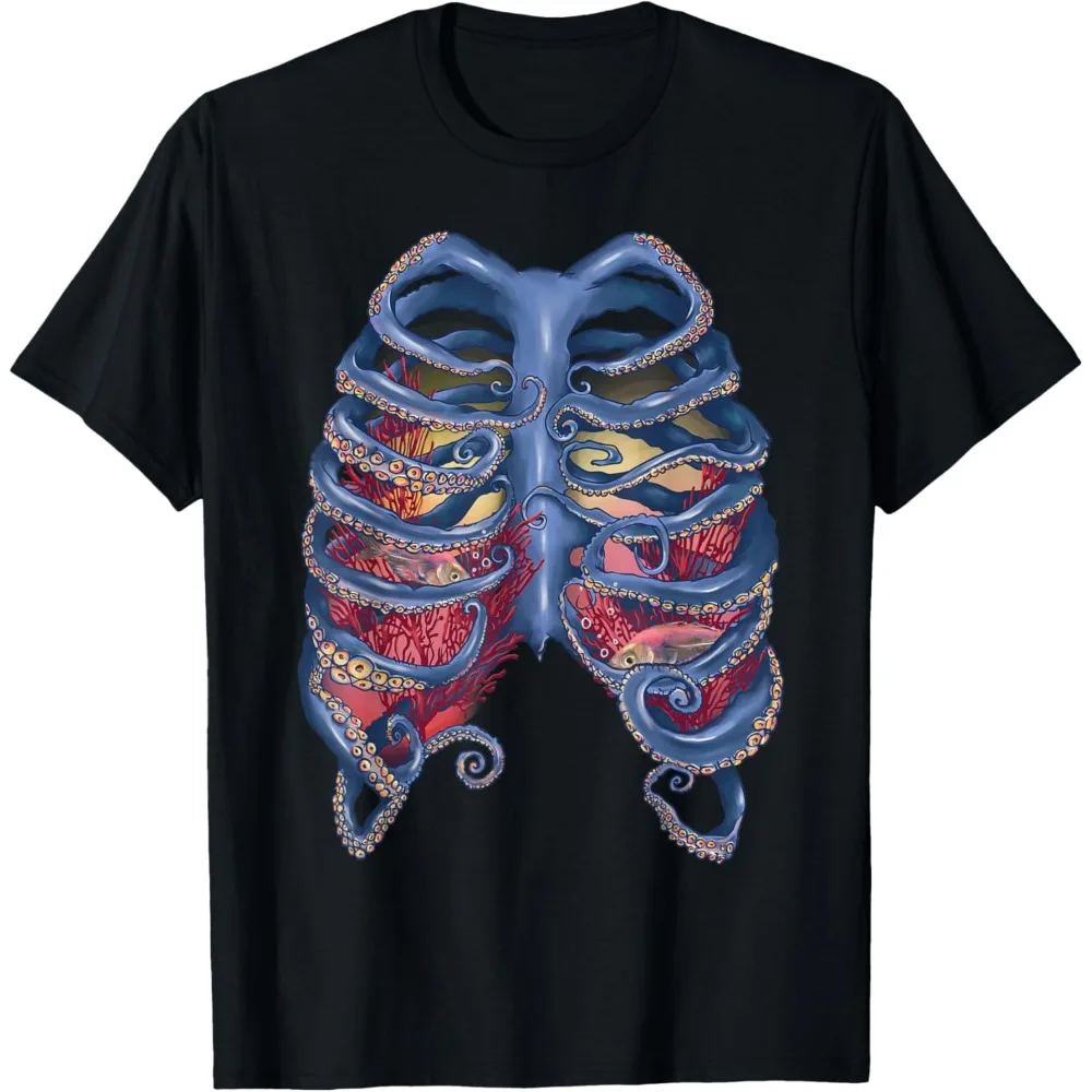 Pulpo Halloween Rib Cage para mujer camiseta Hipster manga corta gótico alta calidad algodón Tops nuevo Casual Simple sudadera