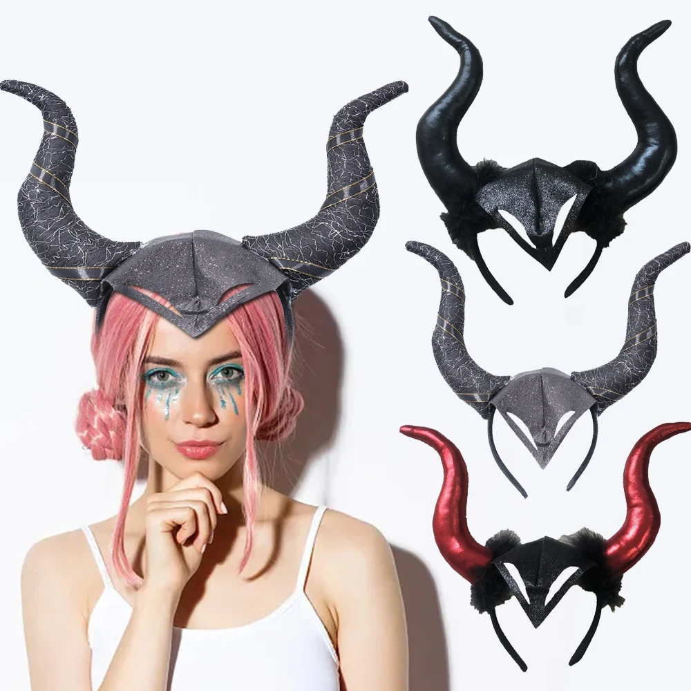 Black Queen Demon Long Ox Horn Headband Cosplay Evil Magic Witch Headpiece Accessory Carnival Party Costume Hair Hoop Props