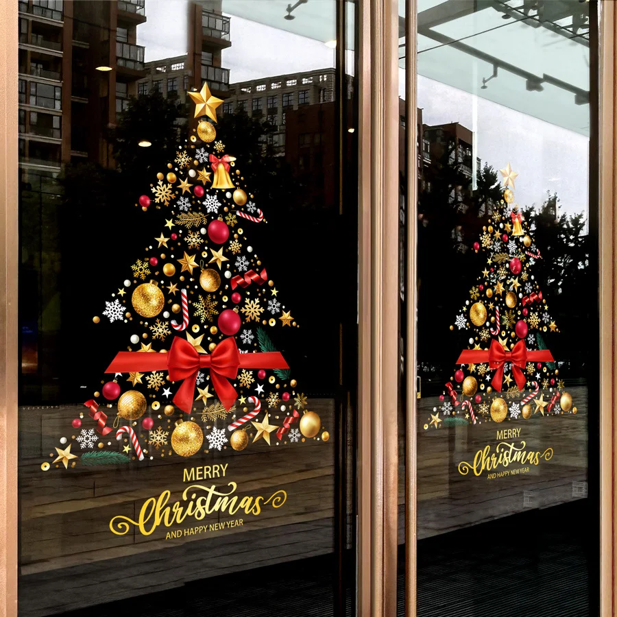 1 Piece 45cm * 60cm Christmas Window Sticker Red Bow Christmas Tree Static Cling Glass Sticker Holiday Party Supplies Decorative