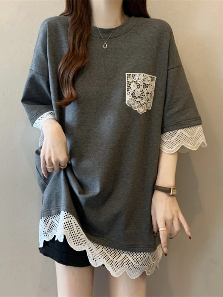 Spring Lace Patchwork Short Sleeve T-Shirt Women's plus Size Mid-Length Cover Butt Base Shirt Korean Style Casual Comfortable
