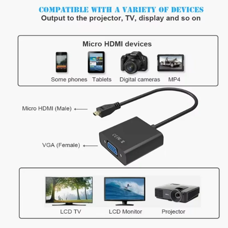 Micro HDMI to VGA Connector Micro HDMI to VGA Video Cable Converter Adapter 1080P for Camera Laptop PC HDTV PS4 Projector TV
