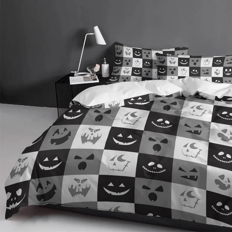 

Set of large soft bedding sets 3-piece duvet cover black and white checkered Halloween 2 pillowcases bedroom decoration