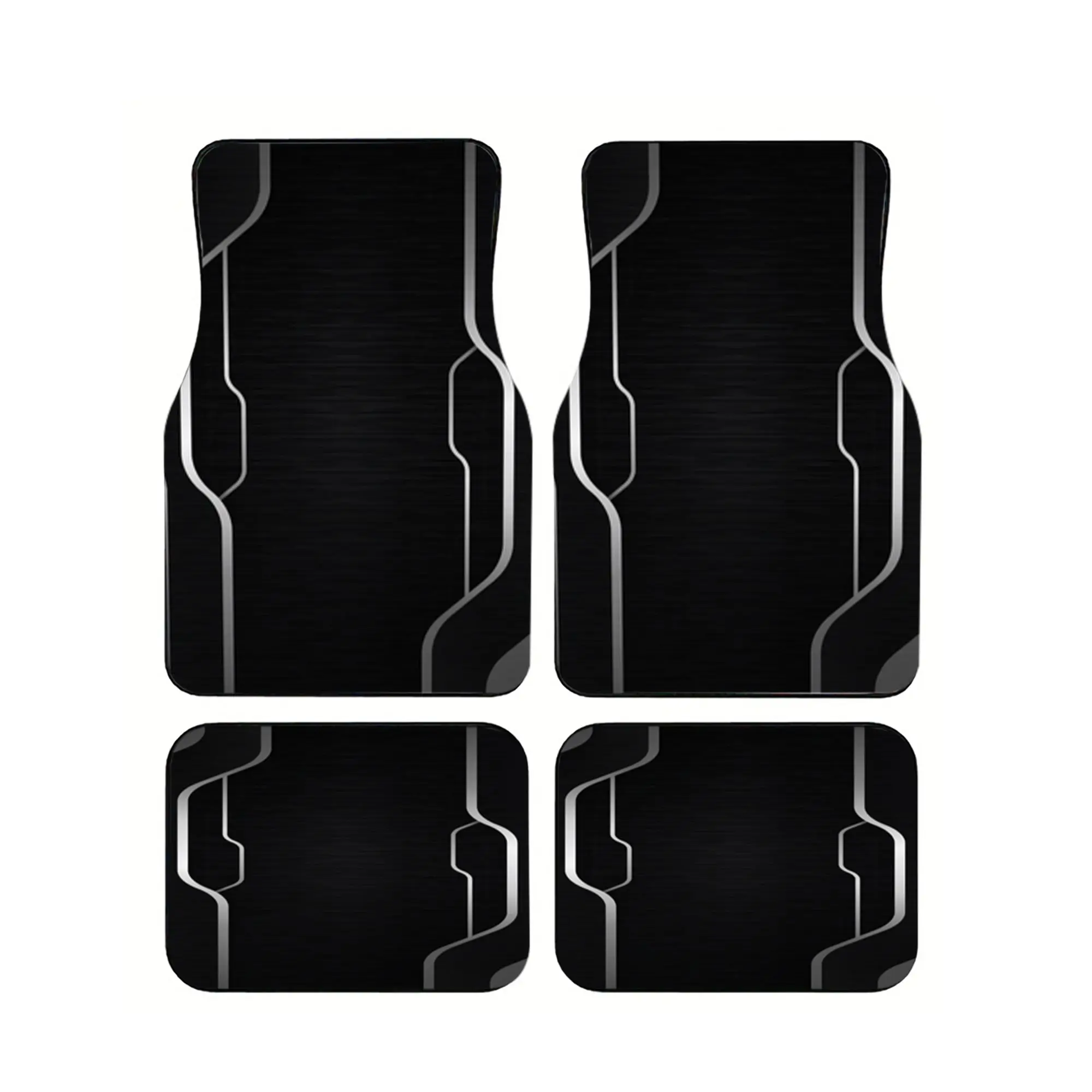 4pcs Polyester Fiber Black With Silvery Geometric Pattern Print, Stylish Car Floor Mats, Universal Fit For Most Vehicles