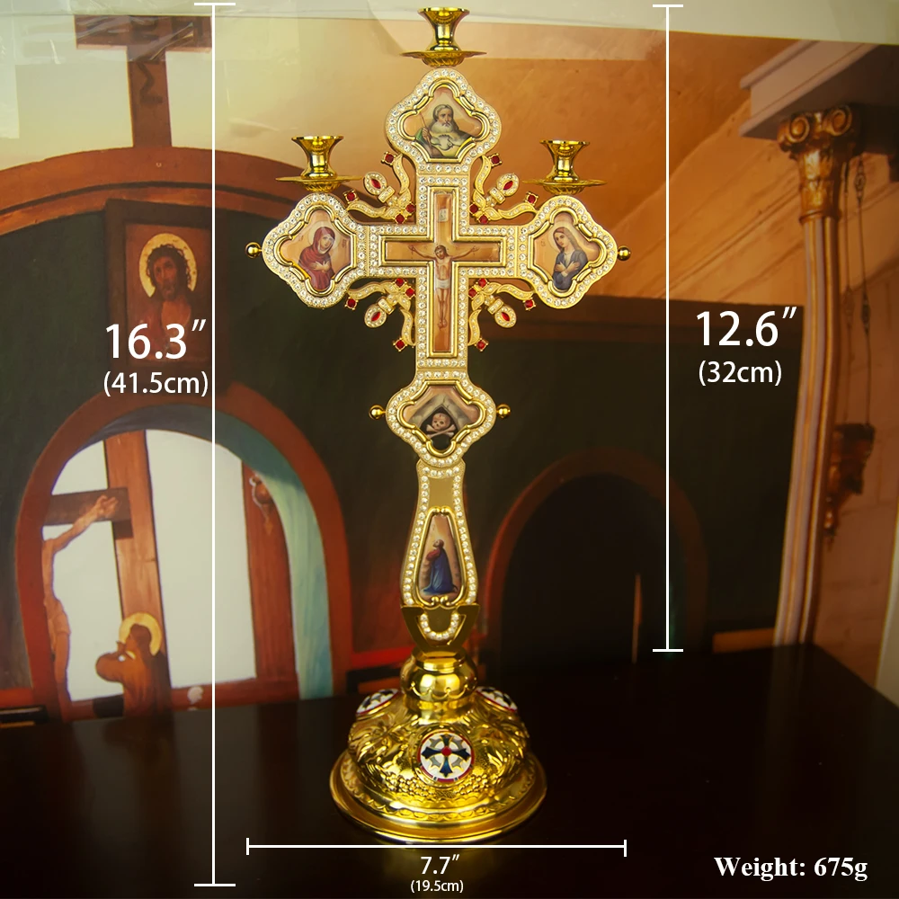 New Orthodox Standing Altar Cross With Candle Holders Gold Plated Rhinestone Saints Icon Church Table Religious Decor Prayer Gif
