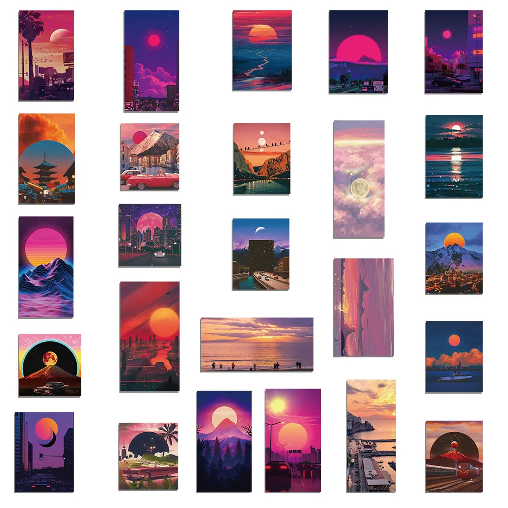 50-Piece Set Of Cartoon Sunset Scenery Graffiti Waterproof Stickers Laptop Helmet Water Cup Luggage Trendy Decorative Decals