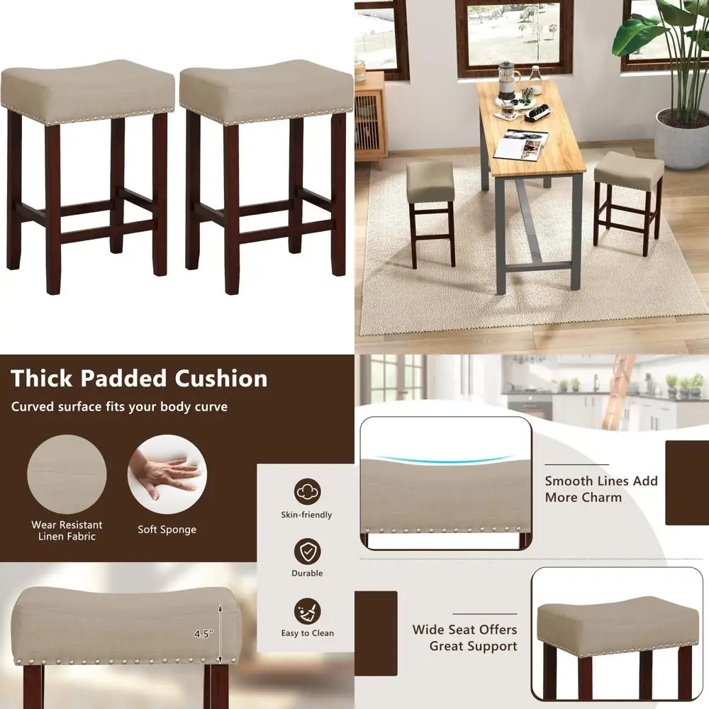 

Set of 2 Counter Height Saddle Barstools with Linen Foam Seat, Backless Design, Max Load 330 Lbs, Wood
