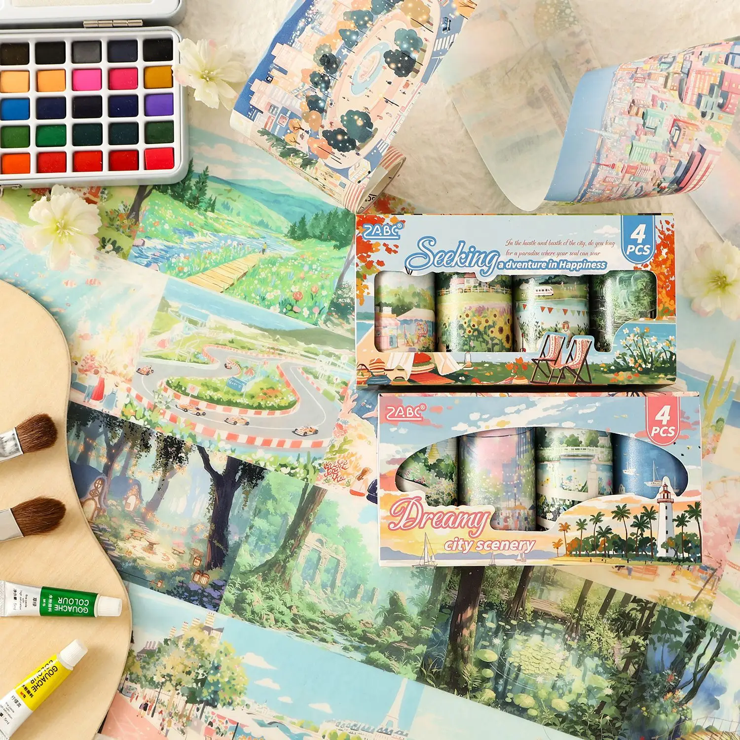 

Whimsical Landscape Washi Tape Paper Material Stickers Scene Decoration DIY Journal Diary Tape Waterproof Creative Stationery