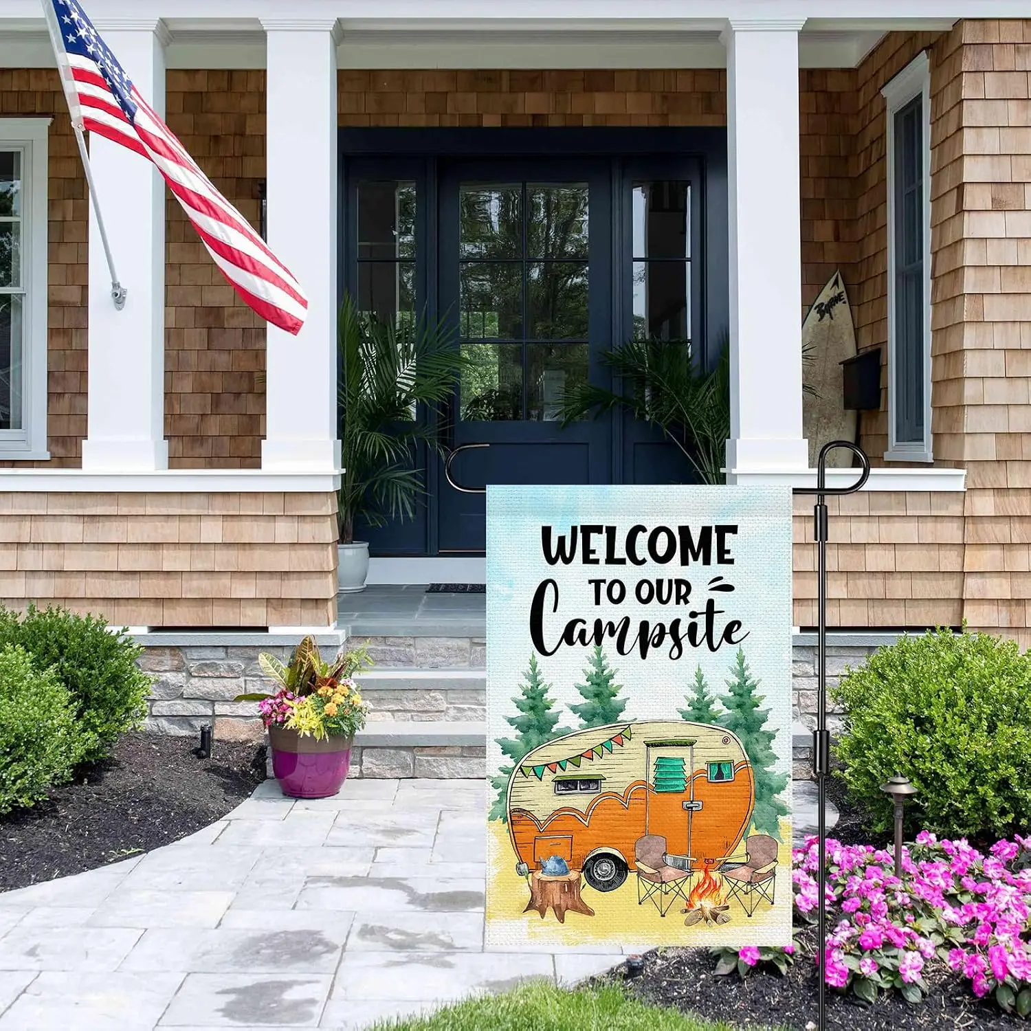 Welcome To Our Campsite Camping Garden Flag 12 x 18 Inch Double Sided Burlap Funny RV Campfire Campsite Garden Flags Farmhou aaz