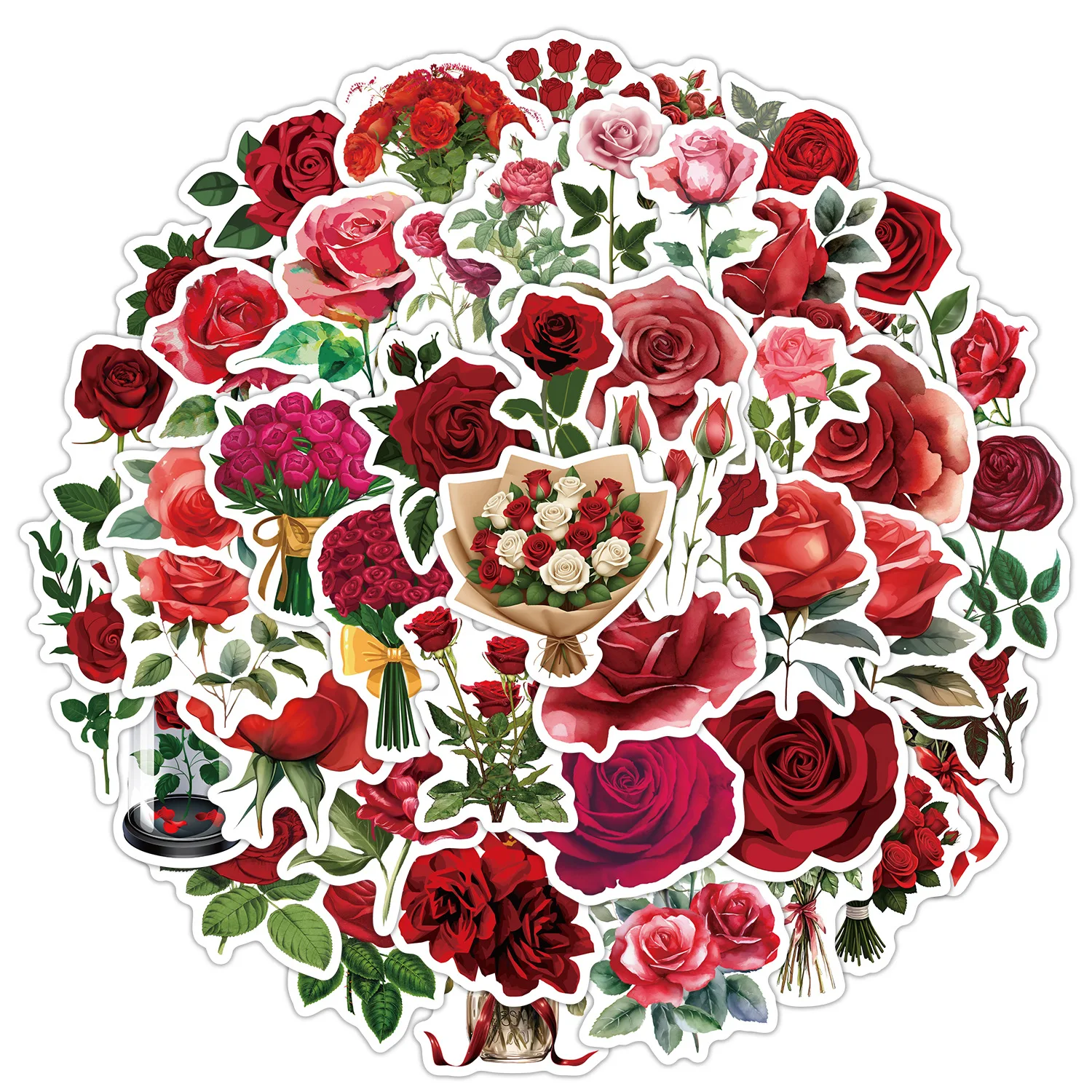 50 Stück Rosen-Blumen Graffiti-Aufkleber Rote Blumen Cartoon-Sticker DIY Gepäck Handy Gitarre Scrapbook Wasserfeste Aufkleber Kinderspielzeug