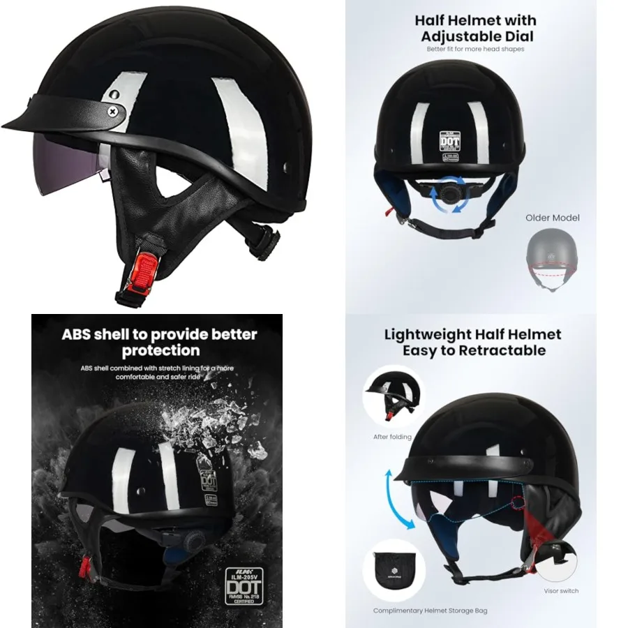 

Half Helmet Motorcycle Open Face Sun Visor Quick Release Buckle DOT Approved Cycling Motocross Suits Men Women Model-205V XL