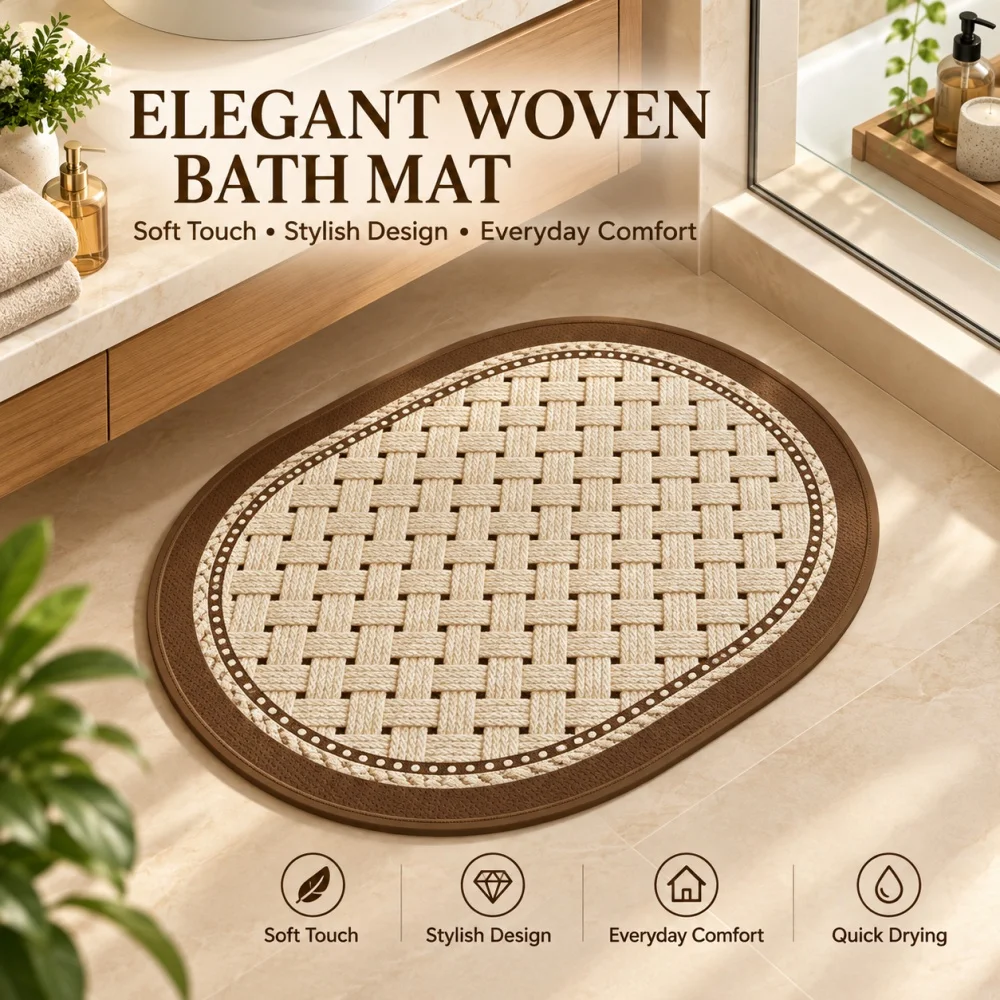 Artificial linen, wear-resistant and slip-proof floor mat, wabi-sabi style, oval-shaped mat.