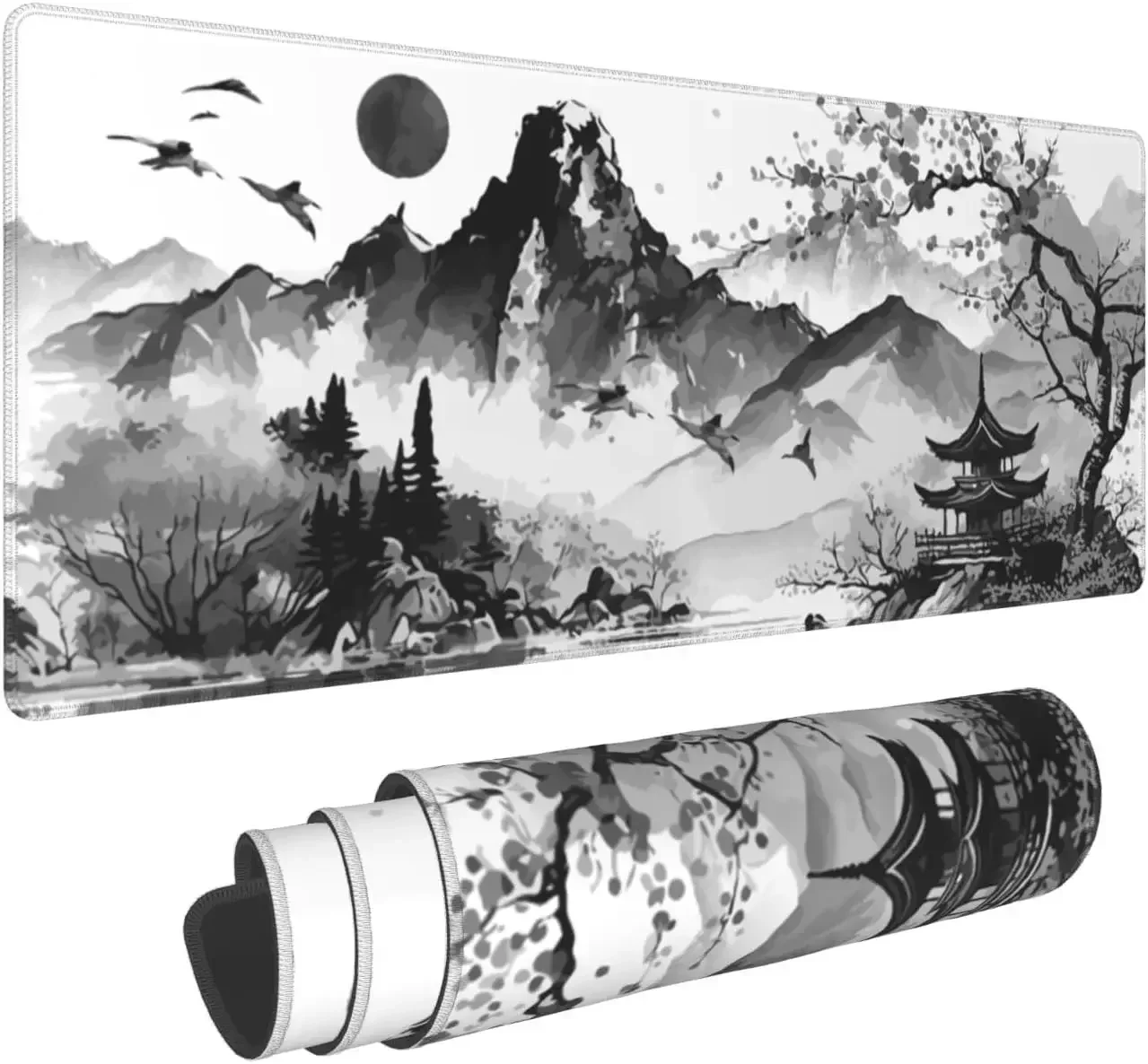 900x400 Black and white Japan style watercolor cherry blossom mouse pad non-slip rubber base with stitched edges for home office