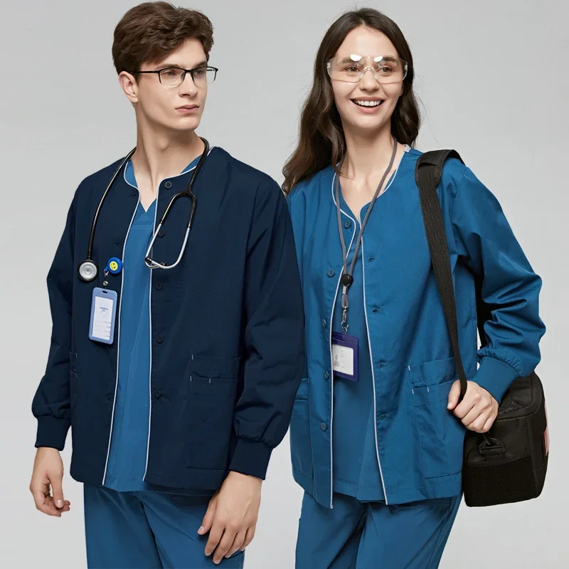 Chaquetas de limpieza para médicos, PAs, NPs y enfermeras, abrigos médicos, cierre a presión/botón, chaqueta de calentamiento de Color sólido