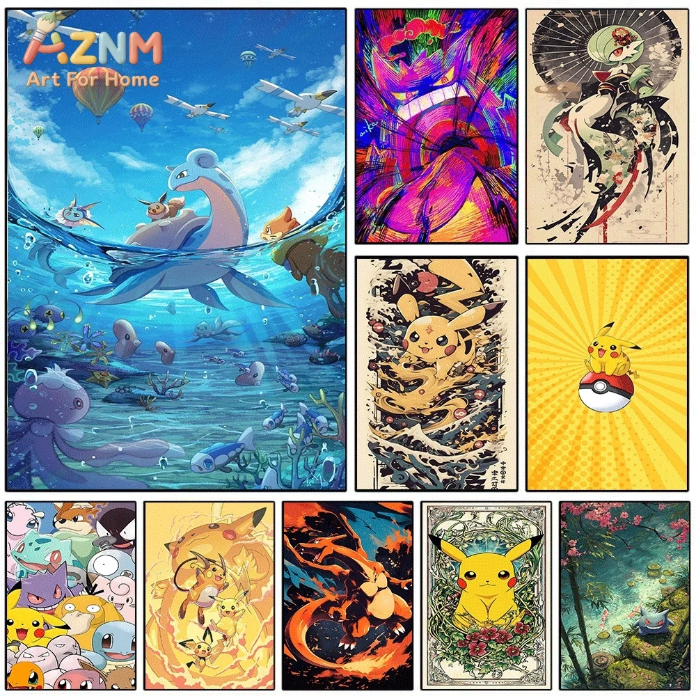 Anime Pokemon Lapras Ocean Underwater Scene Canvas Wall Art, Water‑type Pocket Monster Cartoon Frameless Canvas Painting for K