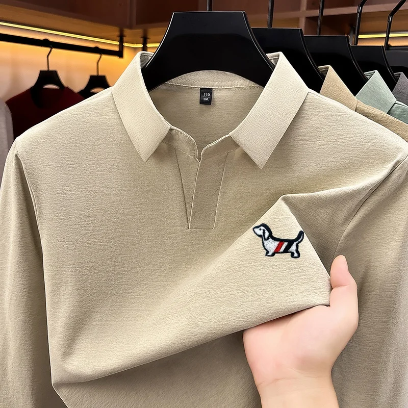 Quality Advanced Lapel Polo Shirt New Autumn Solid Color Keep Warm Long Sleeve Printed T-Shirt Fashion Versatile Men's Clothing