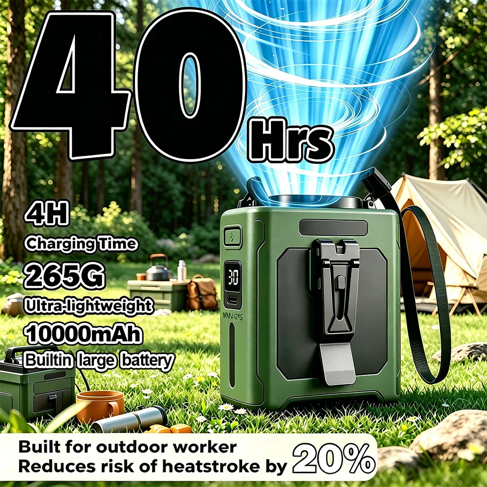 

2026 New Portable Waist Fan with Power Bank LED Lighting Hanging Neck Fan 5 Speed Strong Airflow Cooling Fan for Outdoor Working