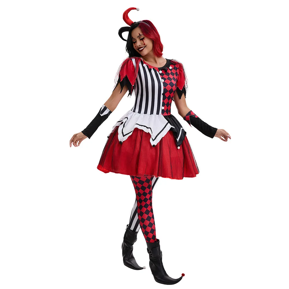 ชุดคอสเพลย์ตัวตลกสยองขวัญสำหรับผู้ใหญ่ ปี 2025 ชุดแสดงเทศกาลฮาโลวีน ชุดแฟนซีงานคาร์นิวัล ชุดตลก ทำจากโพลีเอสเตอร์