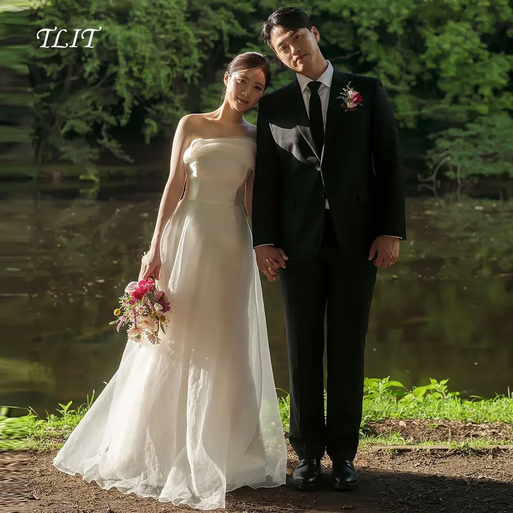 TLIT Elegant Ivory Silk Tulle Wedding Dress Strapless Off The Shoulder Prom Gown Korea Bridal Dress Photos Shoot Customized