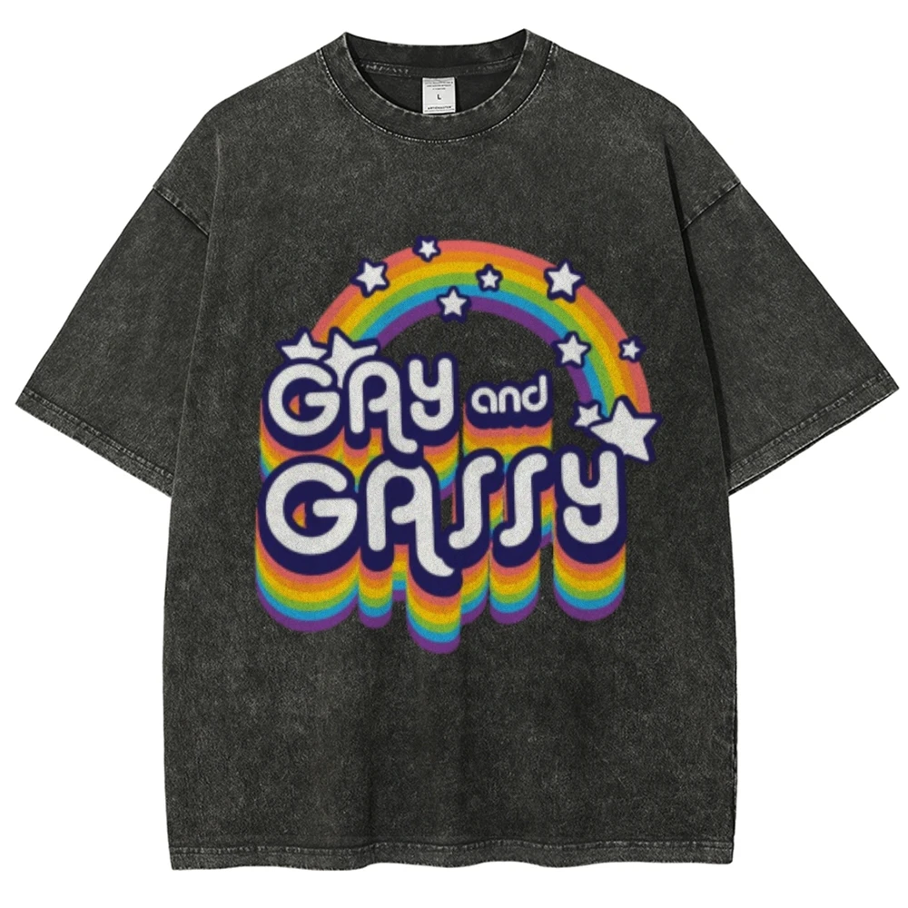 T-shirt imprimé lettre arc-en-ciel pour couple, denim délavé rétro, pull à col rond, manches courtes, poids élevé en grammes, tendance de la mode