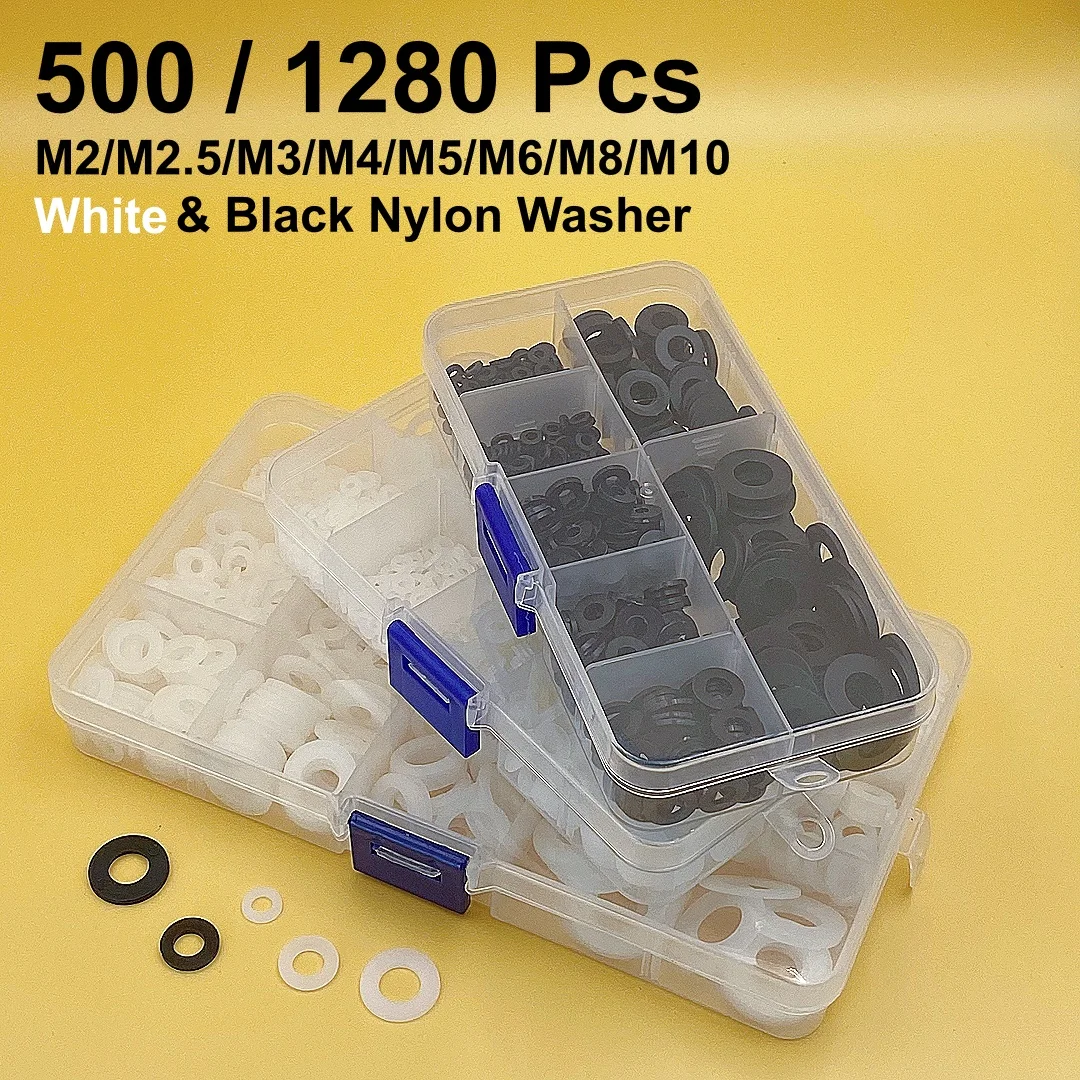 500/1280 Pcs White & Black Nylon Washers PA66 Insulation Spacers Screw Bolt Fasten Kit M2 M2.5 M3 M4 M5 M6 M8 M10