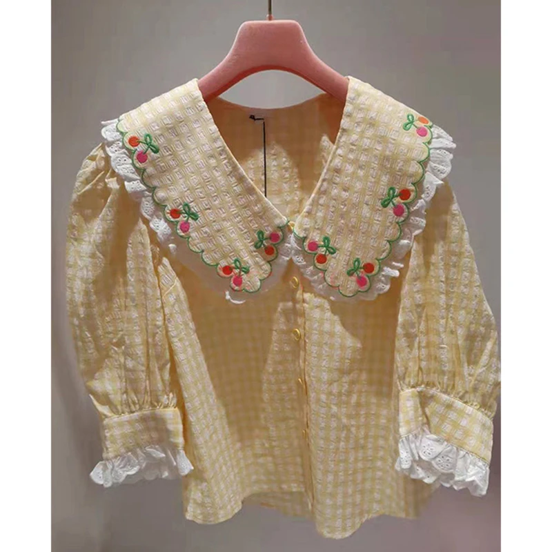Kawaii Plaid Shirts Women Japanese Cute Cropped Lace Patchwork Blouses Summer Fashion Embroidery Puff Short Sleeve Design Tops view 6
