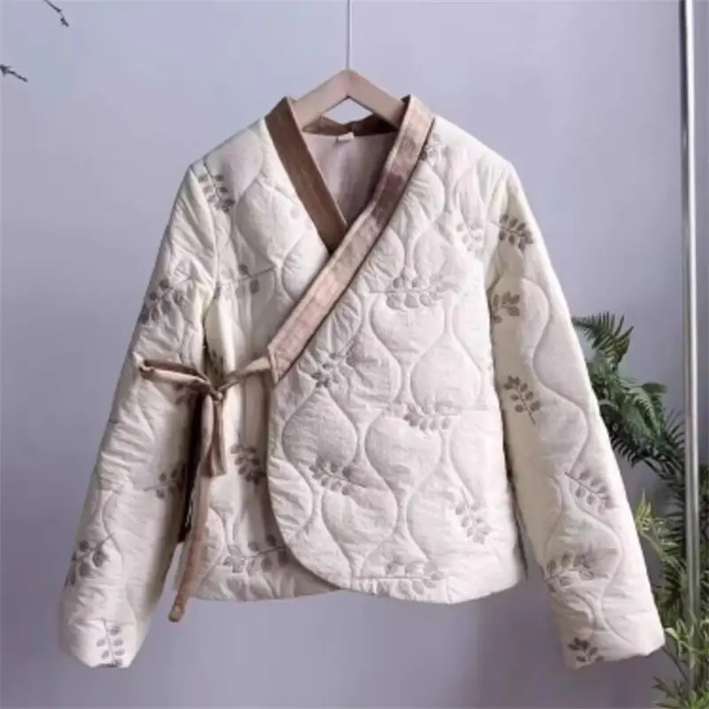 

Chinese Style Slanted Collar Embroidered Cotton Jacket Women's Autumn Winter Short V-Neck Retro Coat Quilted Hanfu Clothes K2430