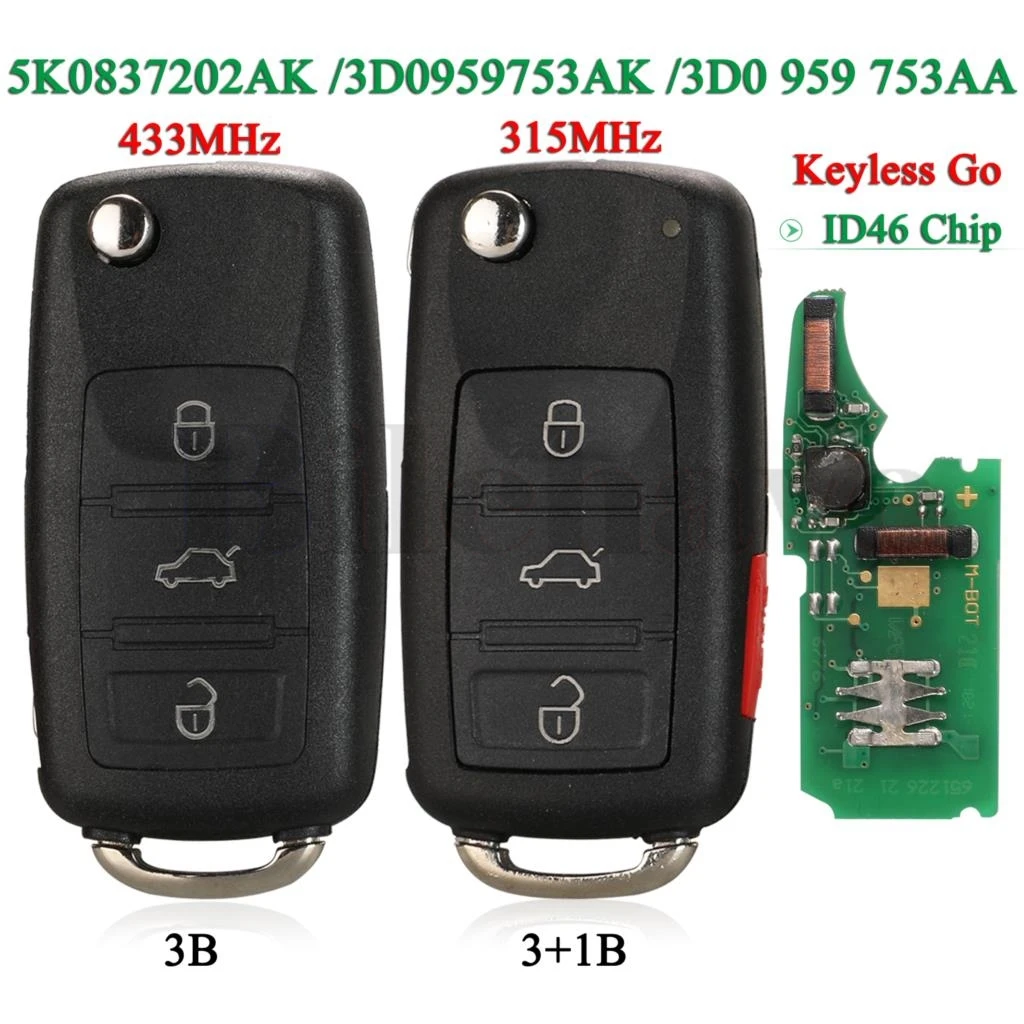 jingyuqin 315 MHz/433 MHz ID46 dla VW Volkswagen Touareg Fit Audi A8 S8 odwróć kluczyk zdalny 5K0 837 202 AK/3D0959753AK /AA Keyless Go