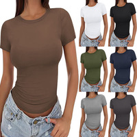 2025 New Women's Slim Fit T-Shirt Summer Sexy Short Sleeve Round Neck Tops Korean Fashion Basic Tee Casual Tight Tshirt