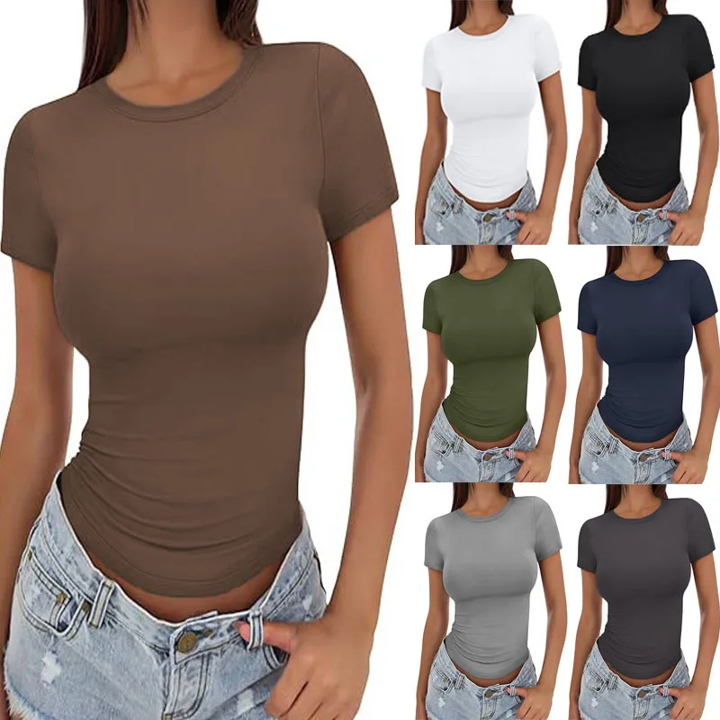 2025 New Women's Slim Fit T-Shirt Summer Sexy Short Sleeve Round Neck Tops Korean Fashion Basic Tee Casual Tight Tshirt