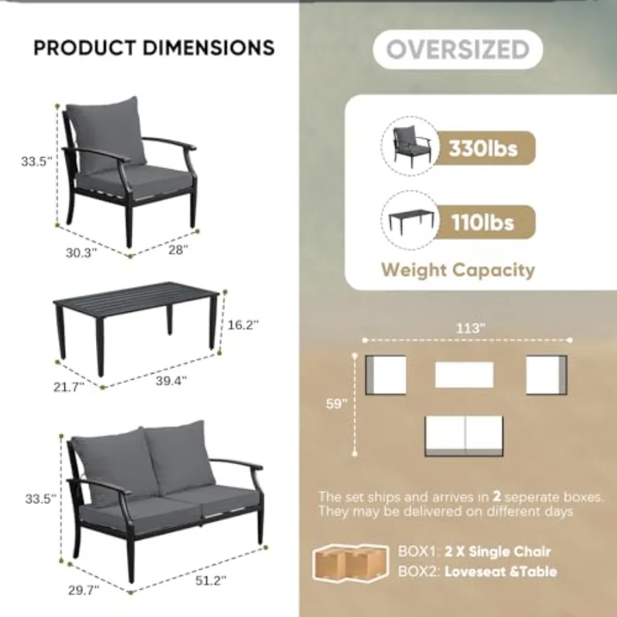 4 Pieces Patio Furniture Set for Backyard Garden: Metal Sofa with High Back Thick Cushion, Loveseat + Coffee Table, Grey